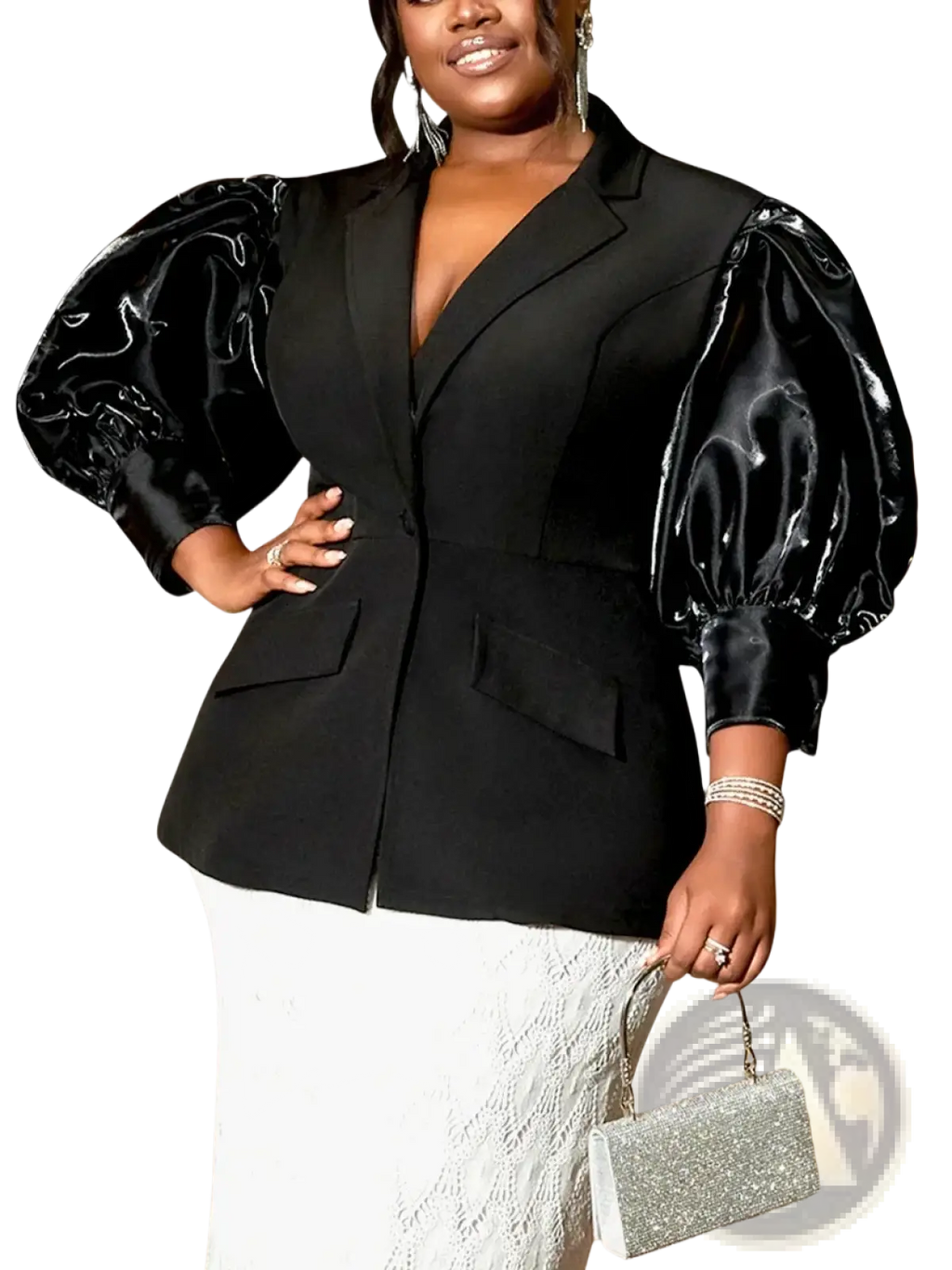 Custom black satin blazer featuring glossy puffy sleeves and a structured fit for a polished look
