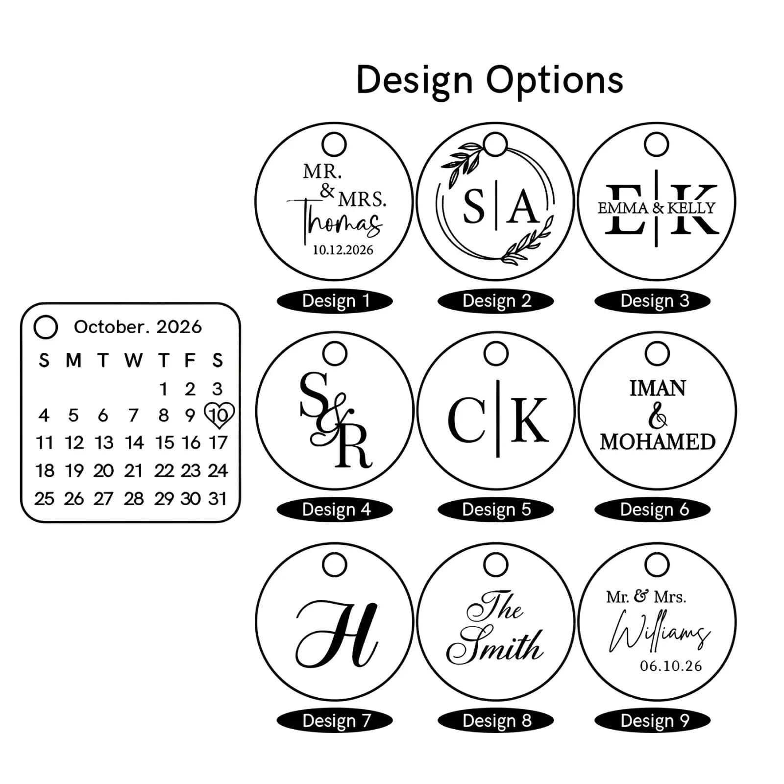 Custom calendar keychain stainless steel with customizable circular tag designs in black ink for wedding personalization
