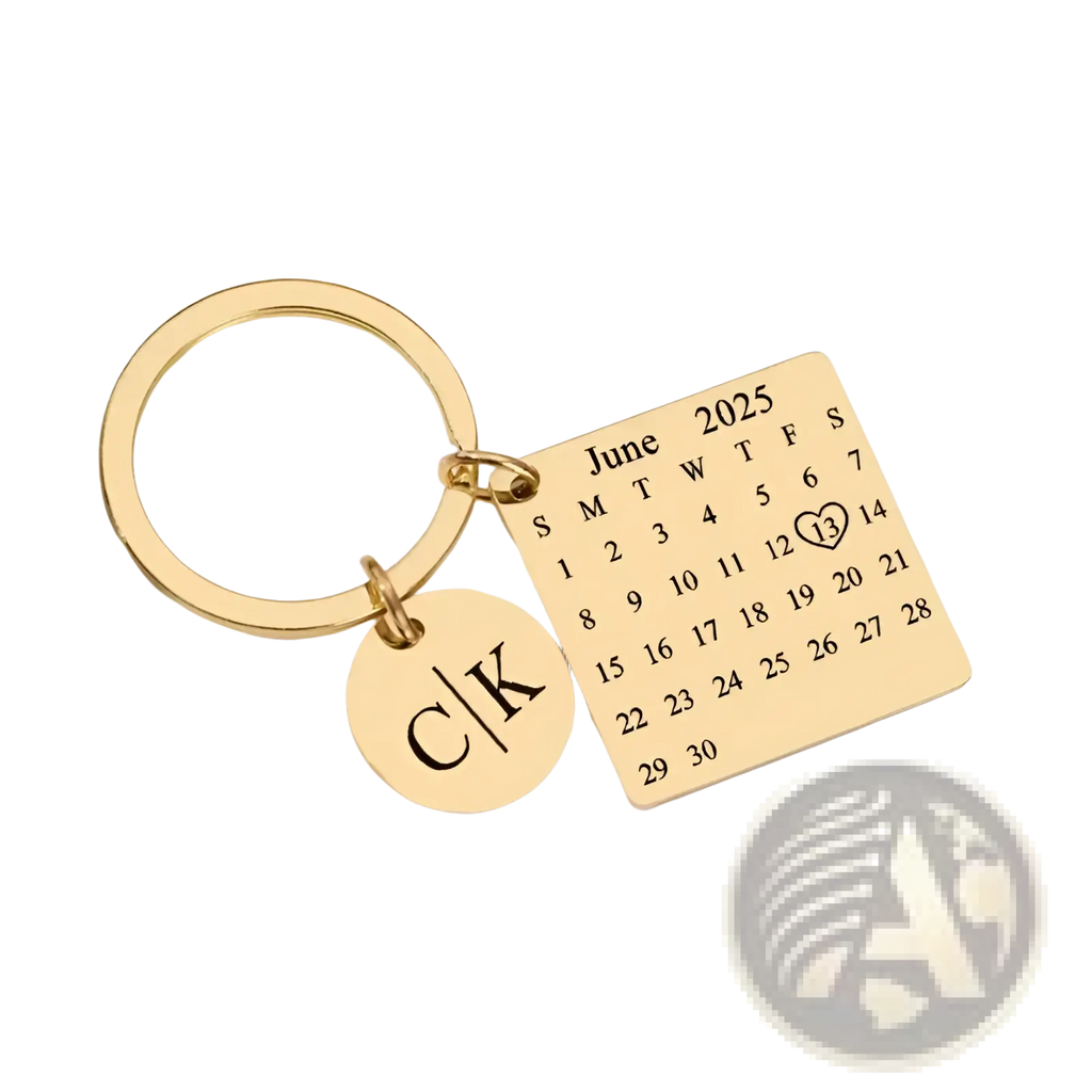 Gold stainless steel custom calendar keychain with june 2025 rectangular charm highlighting 13th and c/k pendant