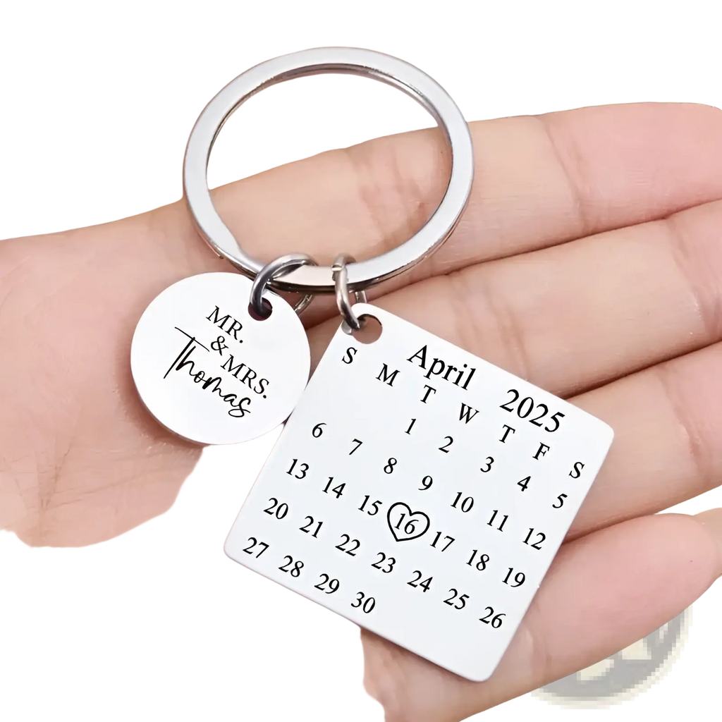 Silver stainless steel keychain with circular charm engraved with mr for personalized custom calendar gift