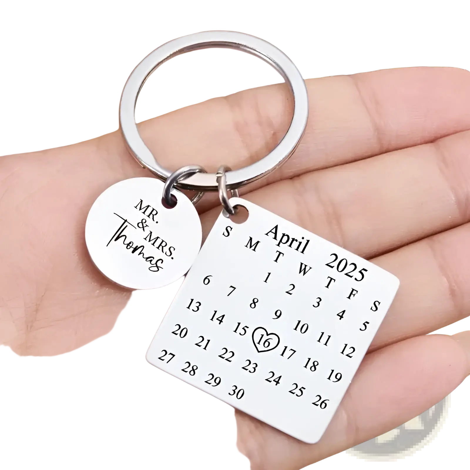 Silver stainless steel keychain with circular charm engraved with mr for personalized custom calendar gift