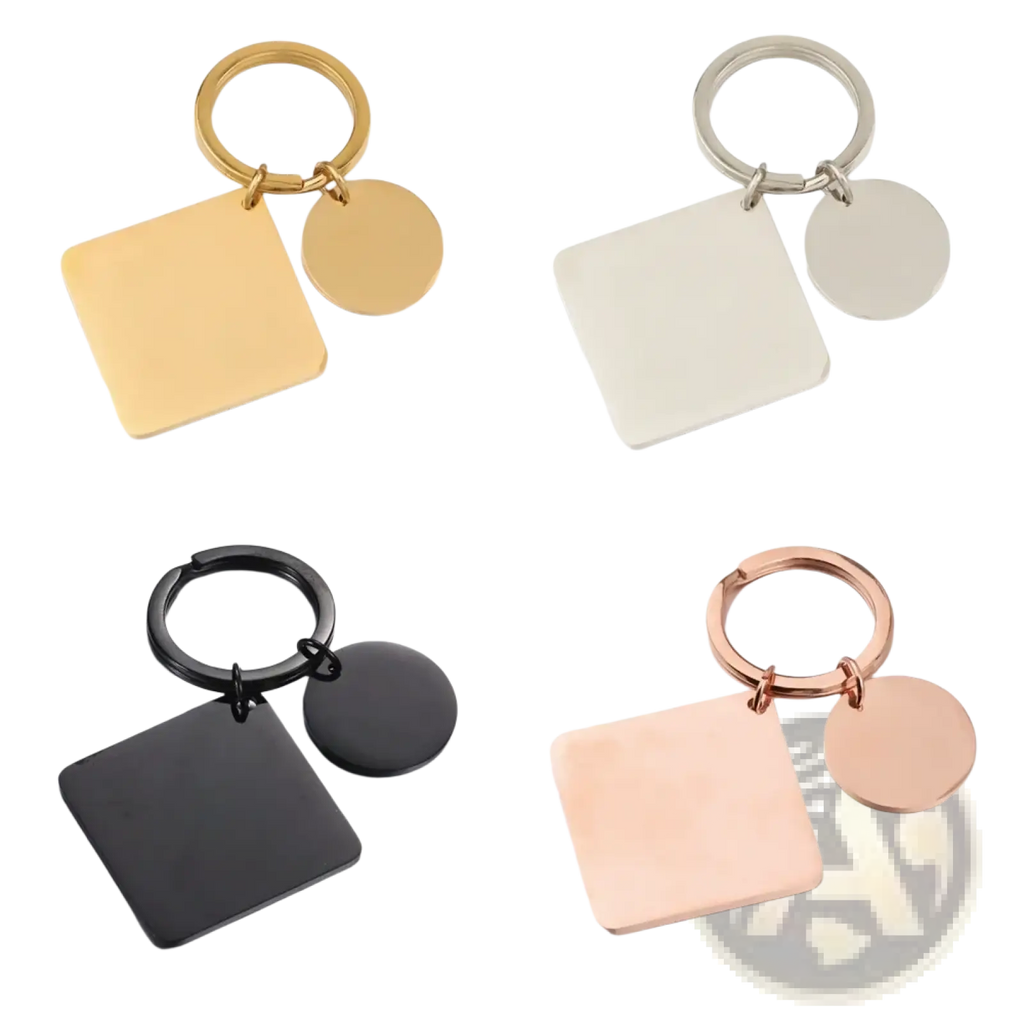 A sleek minimalist custom calendar keychain with square and circular stainless steel tags in gold silver black or rose gold finishes