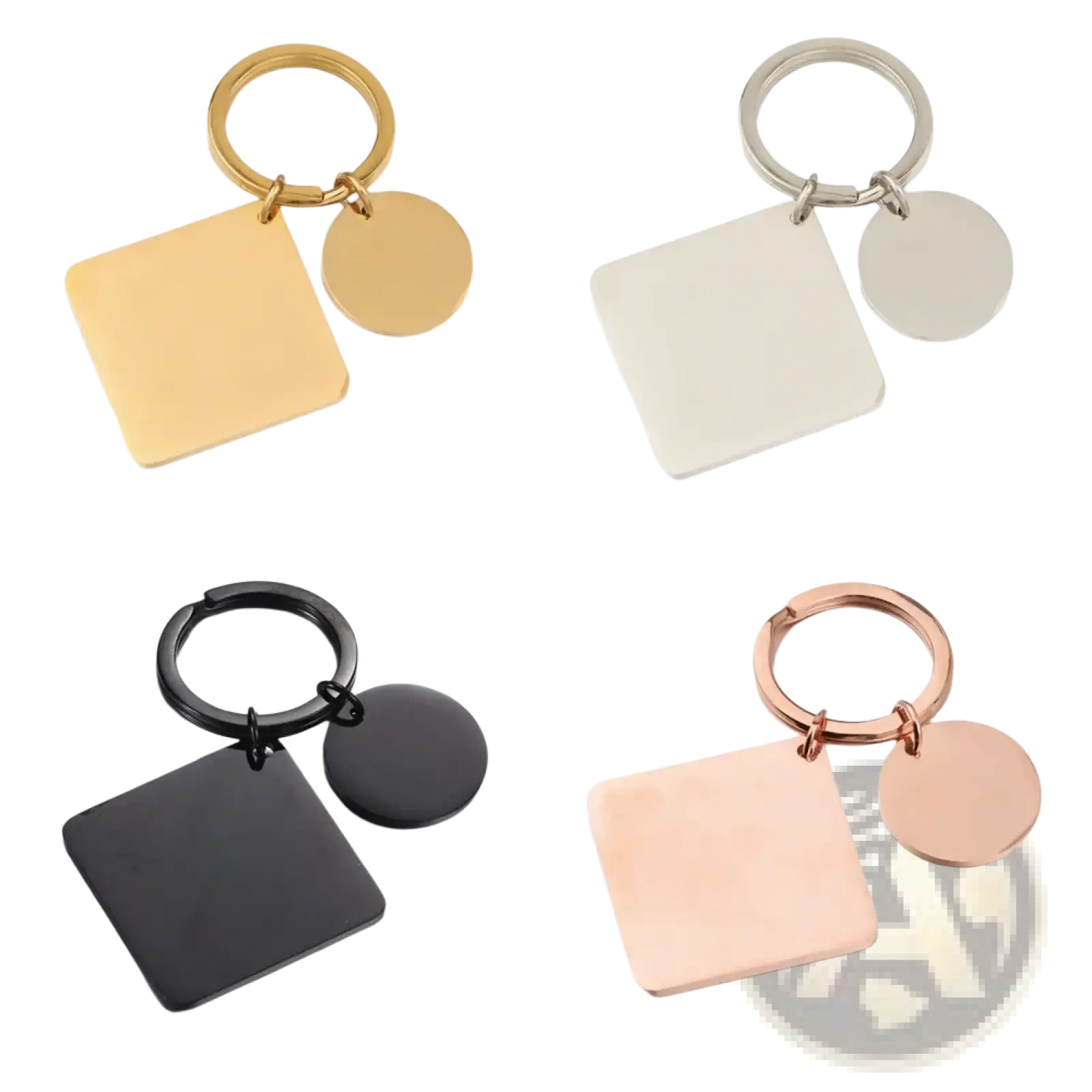 A sleek minimalist custom calendar keychain with square and circular stainless steel tags in gold silver black or rose gold finishes