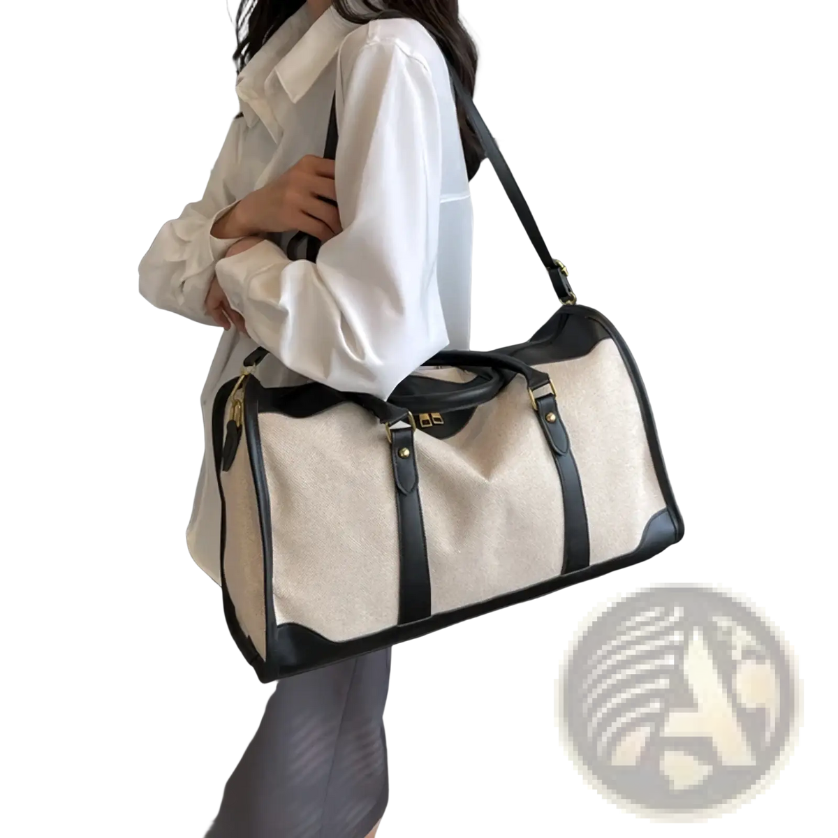 Custom canvas travel duffel bag in beige and black with leather straps and gold tone hardware