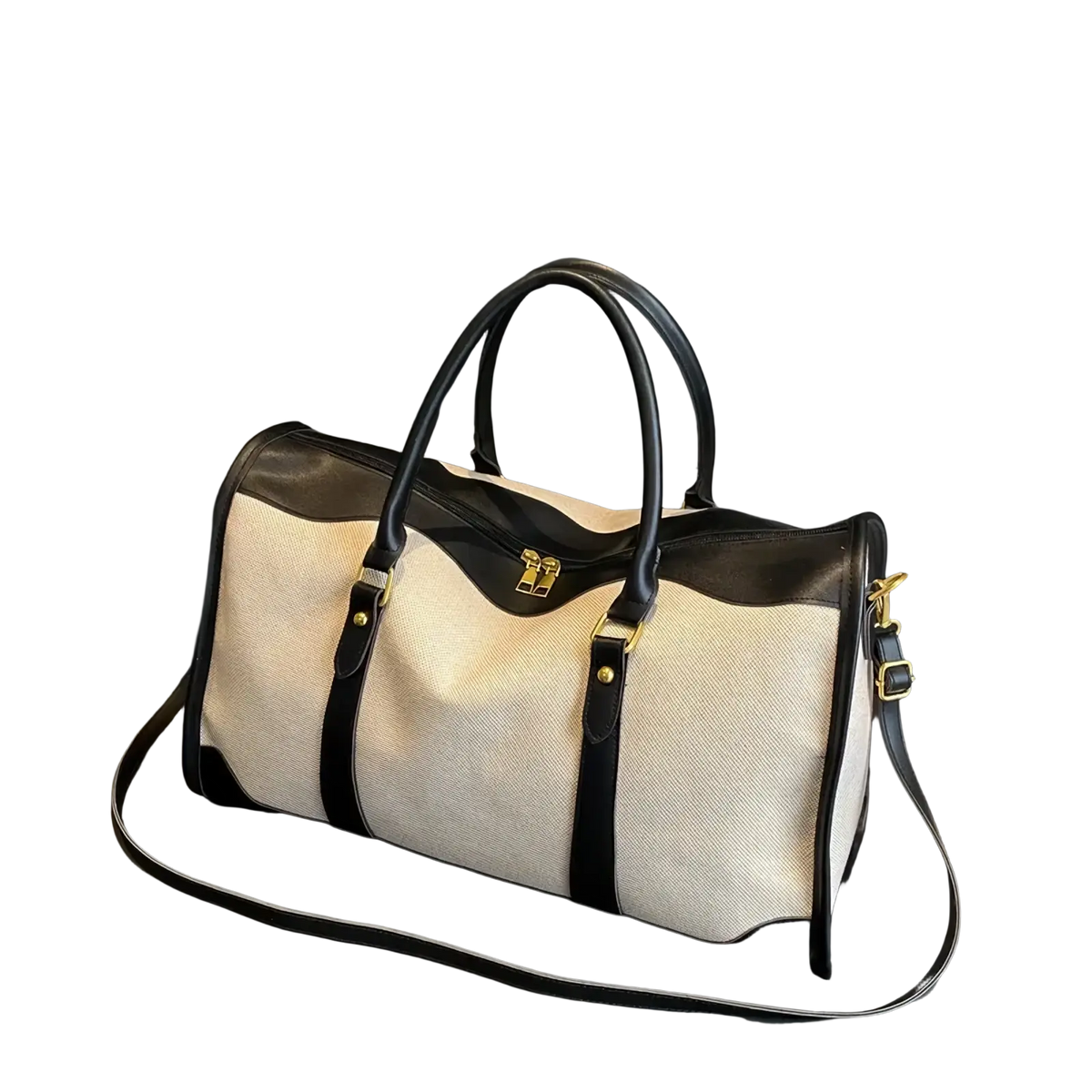 Custom canvas travel duffel bag in beige and black two-tone with leather handles straps and gold-toned hardware