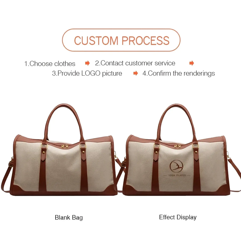 Custom canvas travel duffel bag in beige and brown with leather trim designed for durable stylish travel use