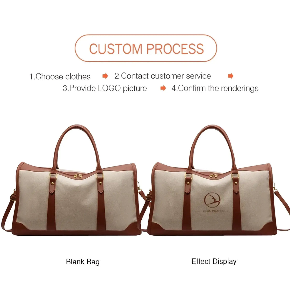Custom canvas travel duffel bag in beige and brown with leather trim designed for durable stylish travel use