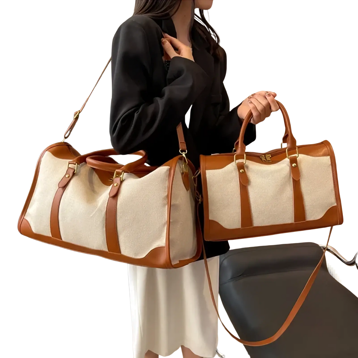 Beige and brown custom canvas travel duffel bag with leather trim and gold-tone hardware for stylish travel