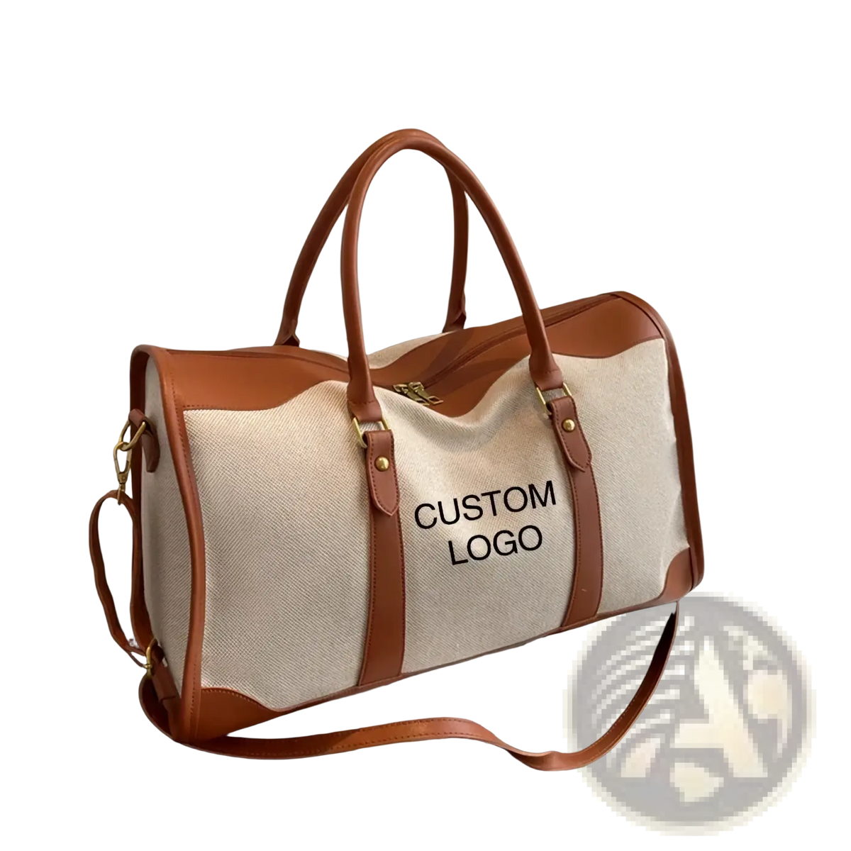 Beige and brown custom canvas travel duffel bag with leather trim and handles for durable stylish use