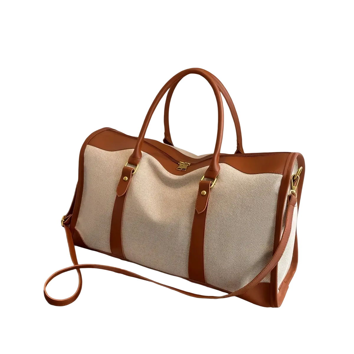 Custom canvas travel duffel bag with beige and brown leather trim and woven canvas body for durable travel use
