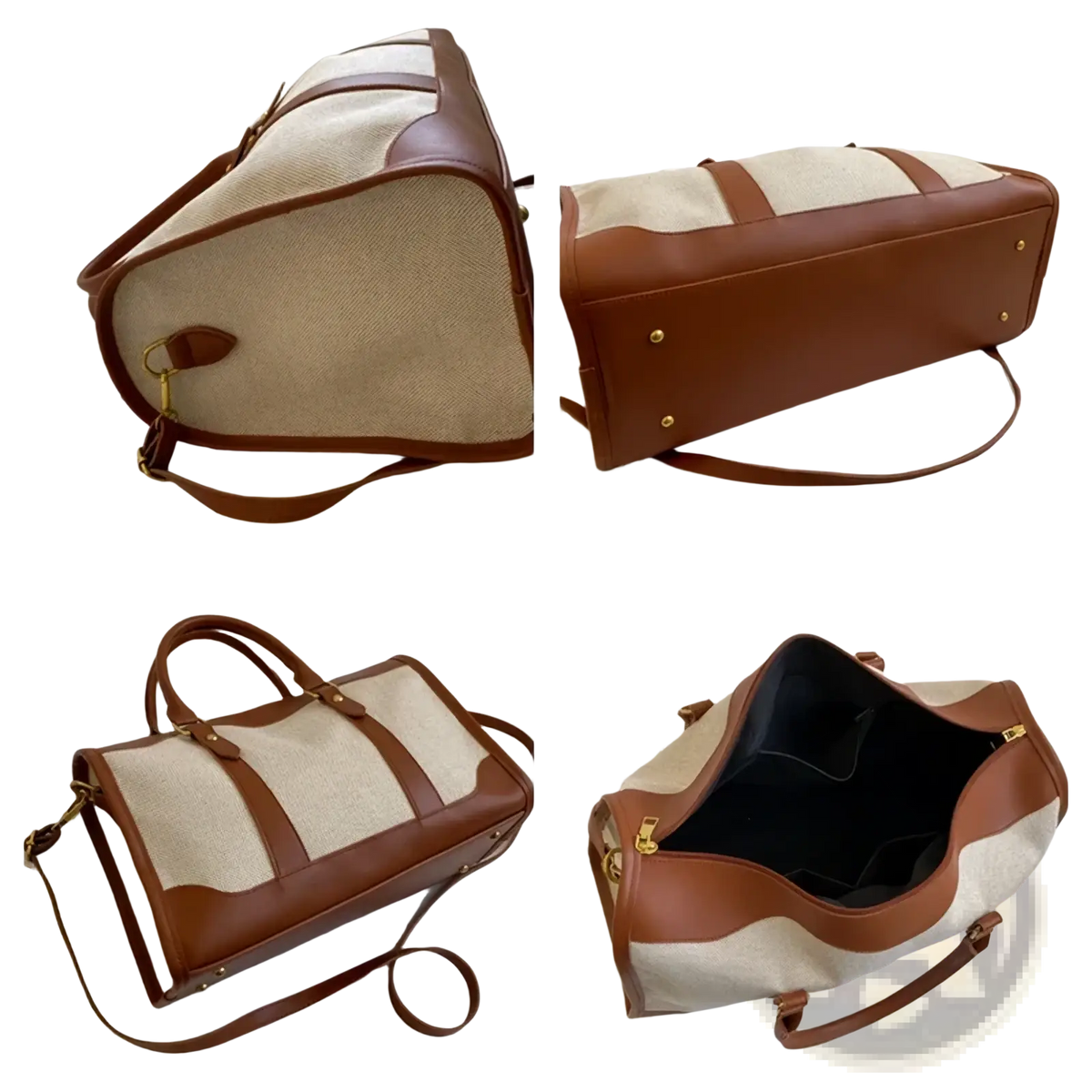 Custom canvas travel duffel bag in beige and brown two-tone with leather trim handles and shoulder strap
