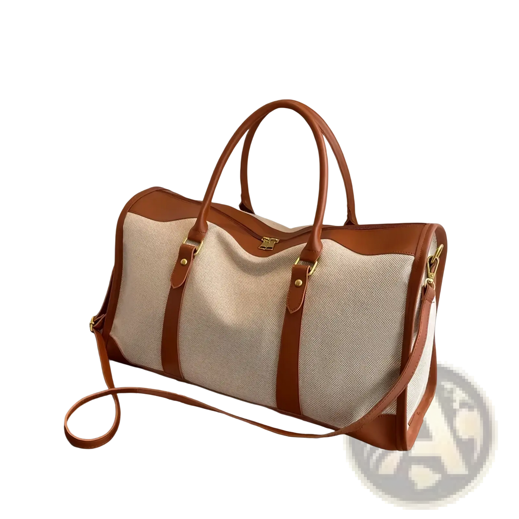 Custom canvas travel duffel bag with beige and brown leather trim and woven canvas body for durable travel use
