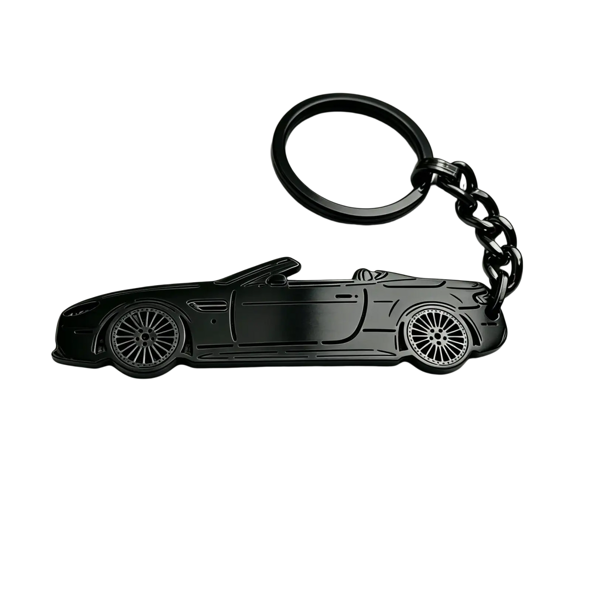 Custom car model keychain in black metallic featuring a convertible sports car design with detailed wheels and body lines