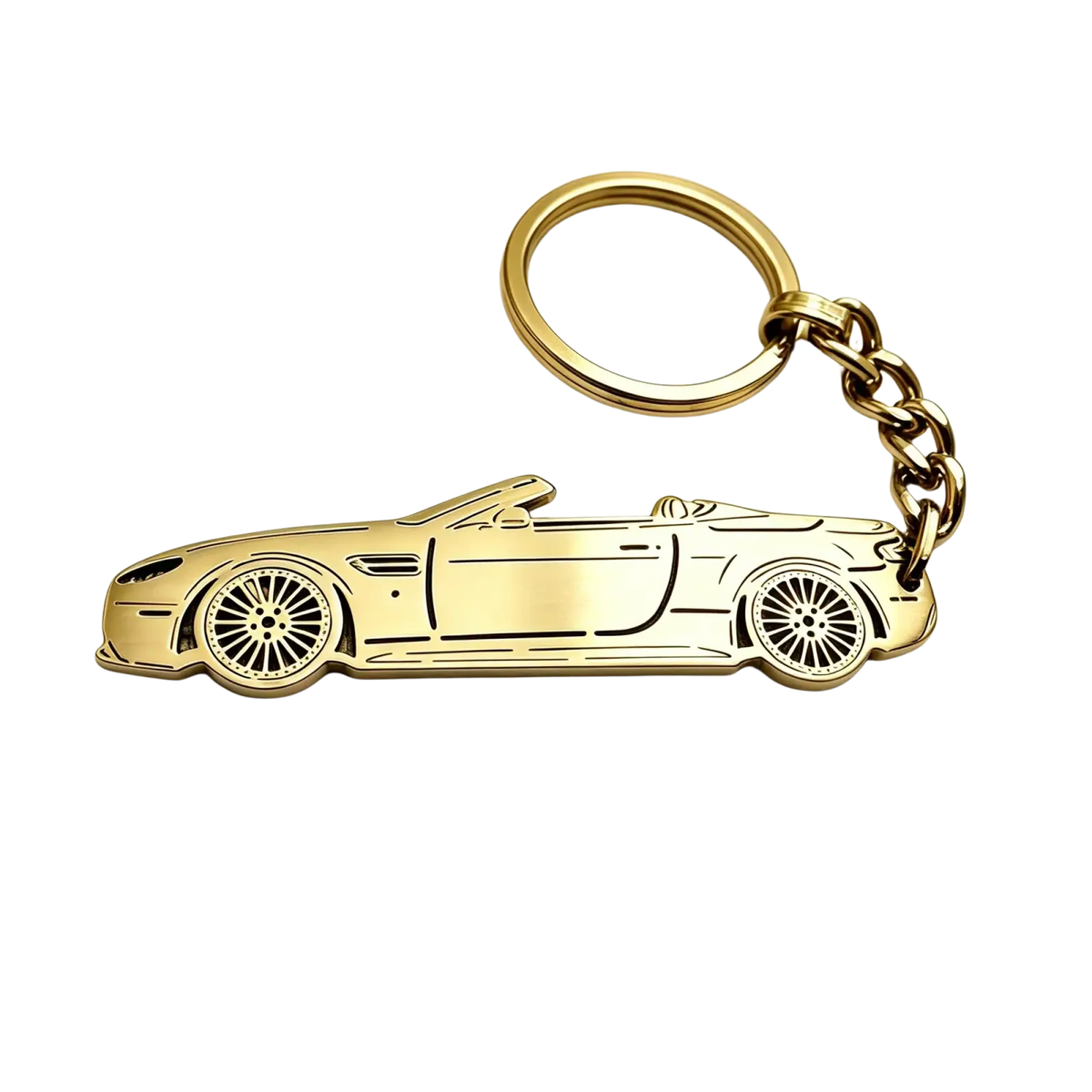 Gold-colored metal custom car model keychain shaped like a convertible sports car with detailed wheels and body lines
