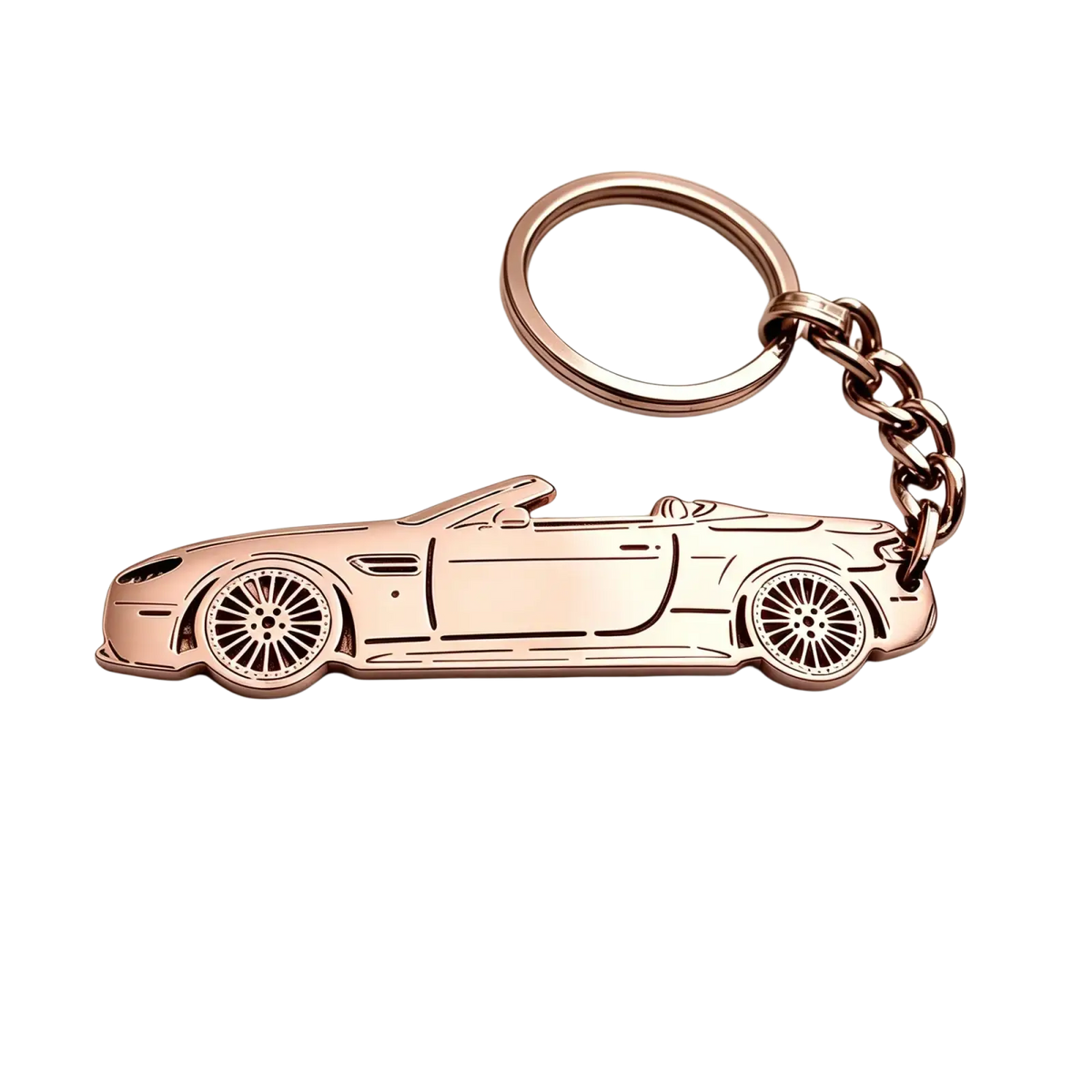 Rose gold metallic custom car model keychain shaped like a convertible sports car personalized vehicle key pendant
