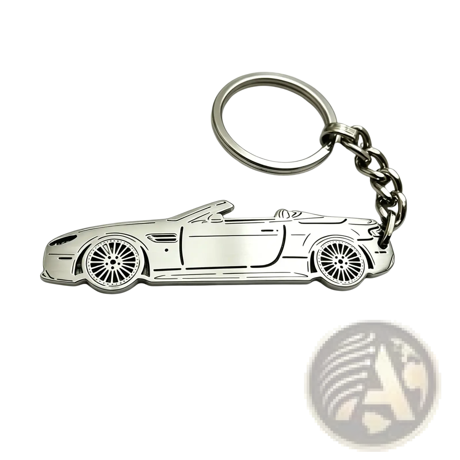 Silver metallic custom car model keychain shaped like a convertible sports car with detailed wheels and body lines