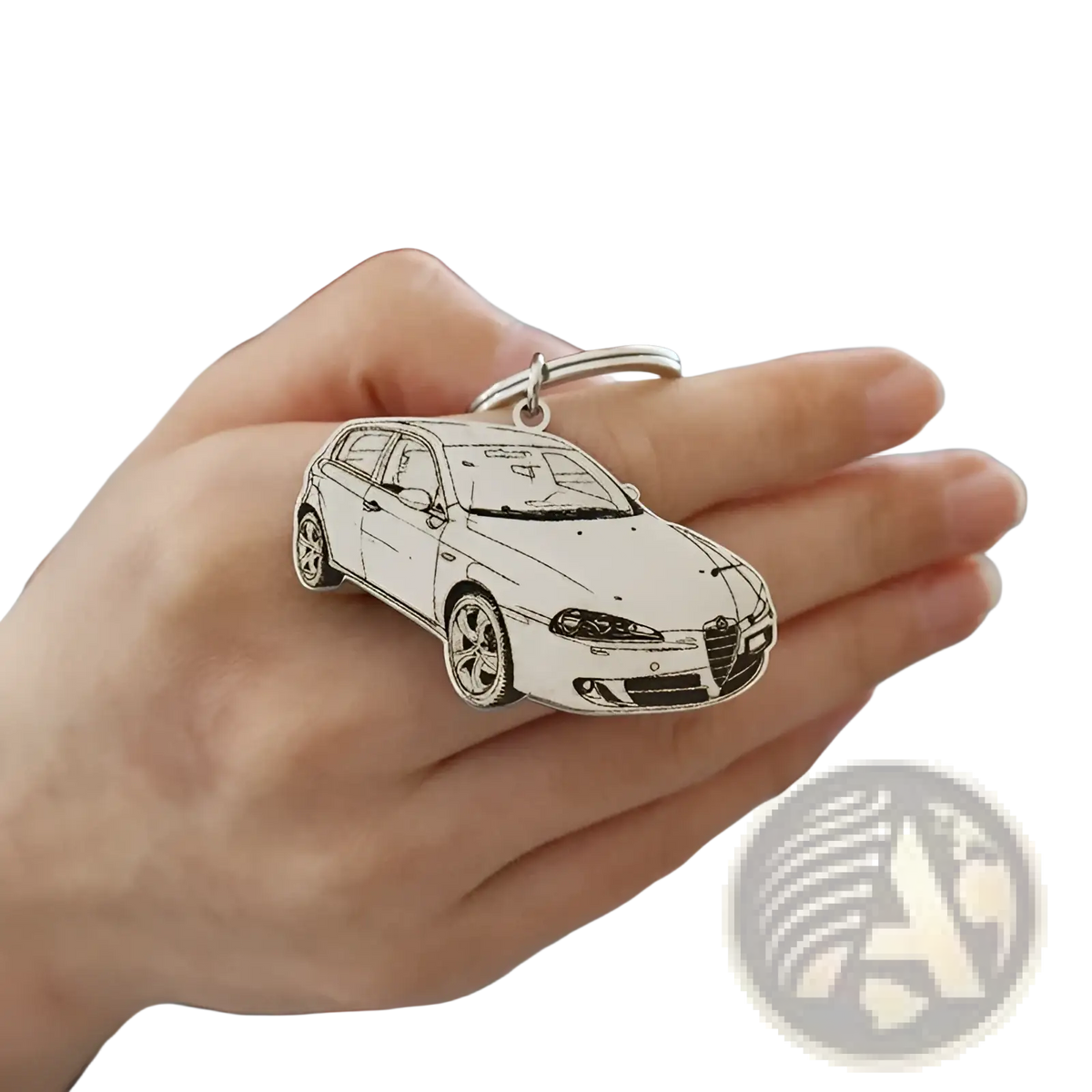 Silver Alfa Romeo stainless steel custom car photo keychain pendant with detailed line-art design of the car