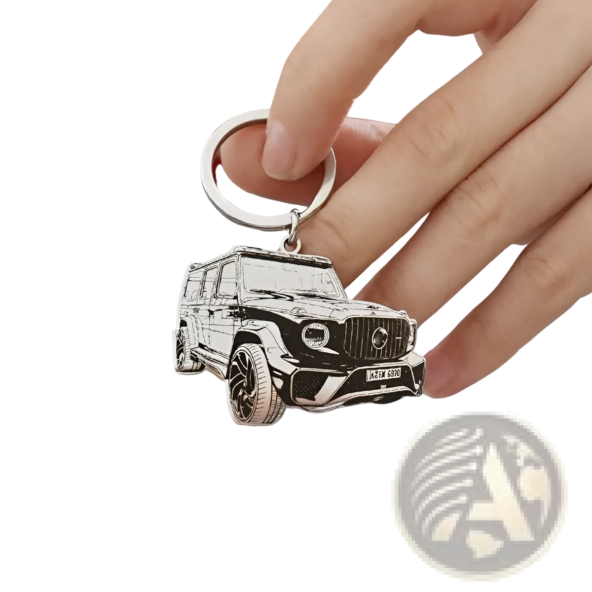 Custom car photo keychain stainless steel pendant with silver Mercedes-Benz g-wagon and black and white engraved detailing