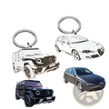 Silver stainless steel custom car photo keychains featuring detailed line-art of luxury cars including mercedes g-wagon and alfa romeo