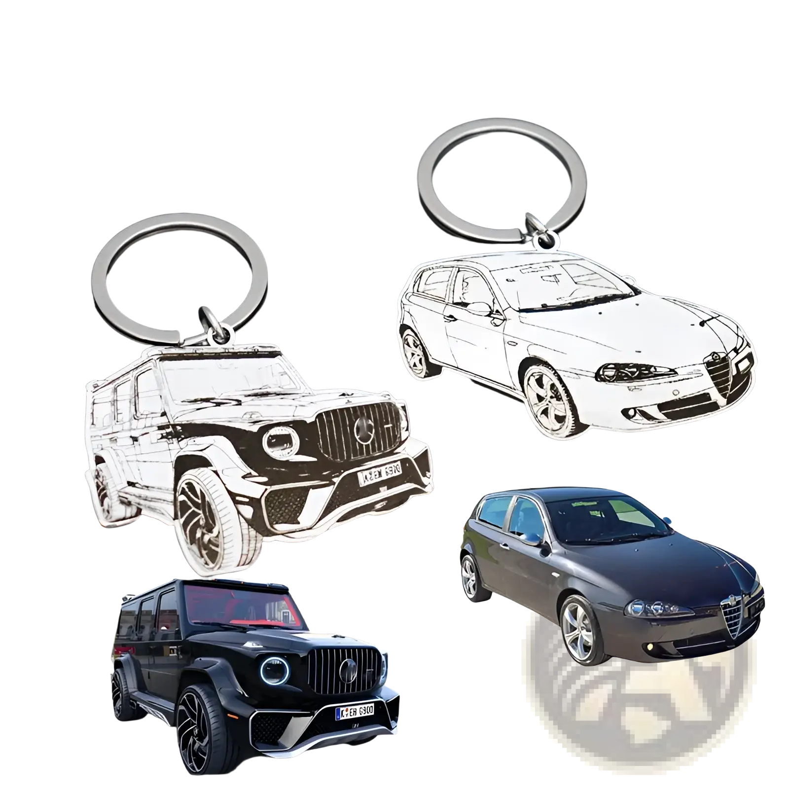 Silver stainless steel custom car photo keychains featuring detailed line-art of luxury cars including mercedes g-wagon and alfa romeo