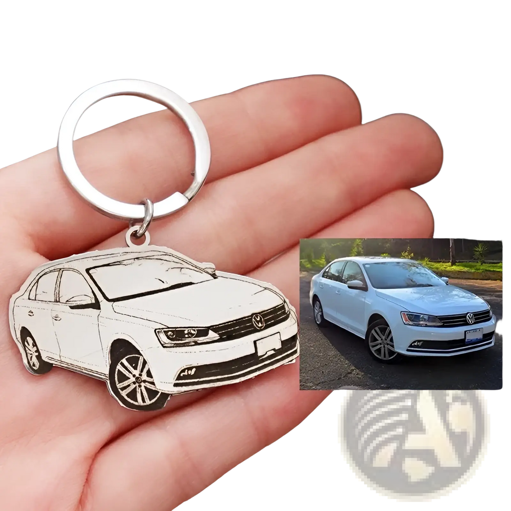 Silver metallic custom car photo keychain featuring detailed line-art of a white Volkswagen Jetta stainless steel pendant