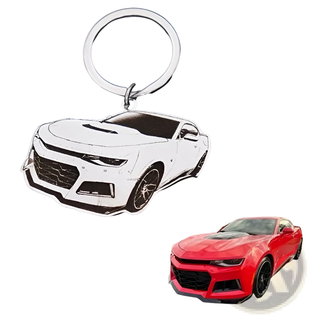 Silver stainless steel custom car photo keychain pendant shaped like a white and black outlined Chevrolet Camaro