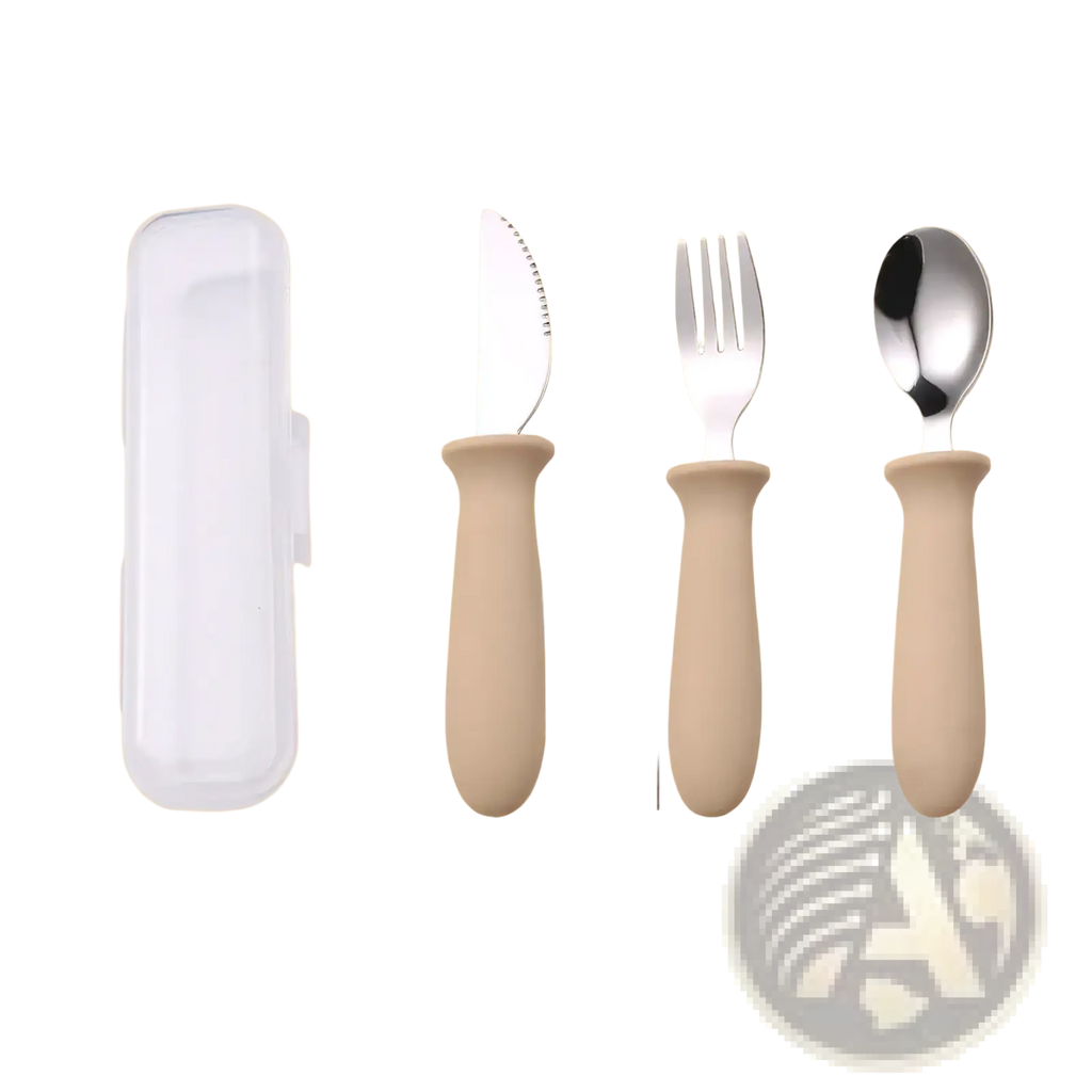 Beige silicone-handled children’s cutlery set with stainless steel blades and clear plastic carrying case for personalization