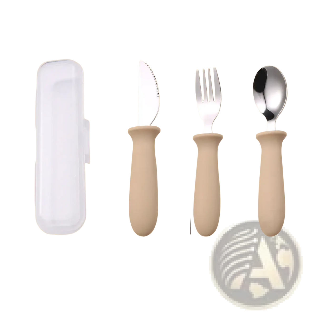 Beige silicone-handled children’s cutlery set with stainless steel blades and clear plastic carrying case for personalization