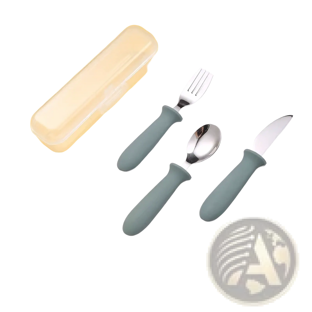 Custom childrens cutlery set with matte sage green silicone handles and stainless steel fork spoon and knife utensils