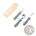 Custom childrens cutlery set with matte sage green silicone handles and stainless steel fork spoon and knife utensils