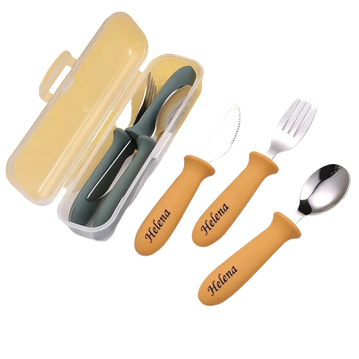 Personalized childrens cutlery set with orange silicone handles and stainless steel blades engraved with helena