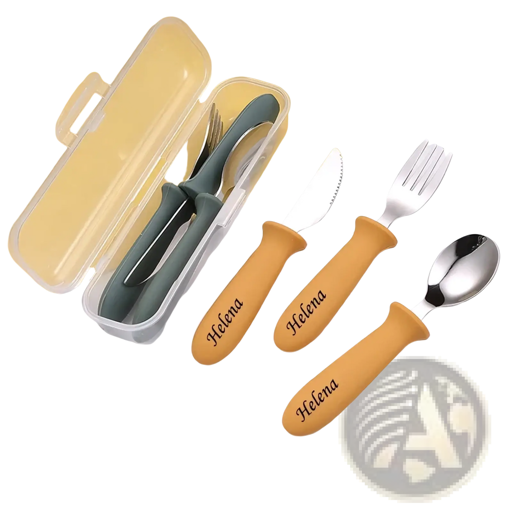 Personalized childrens cutlery set with orange silicone handles and stainless steel blades engraved with helena