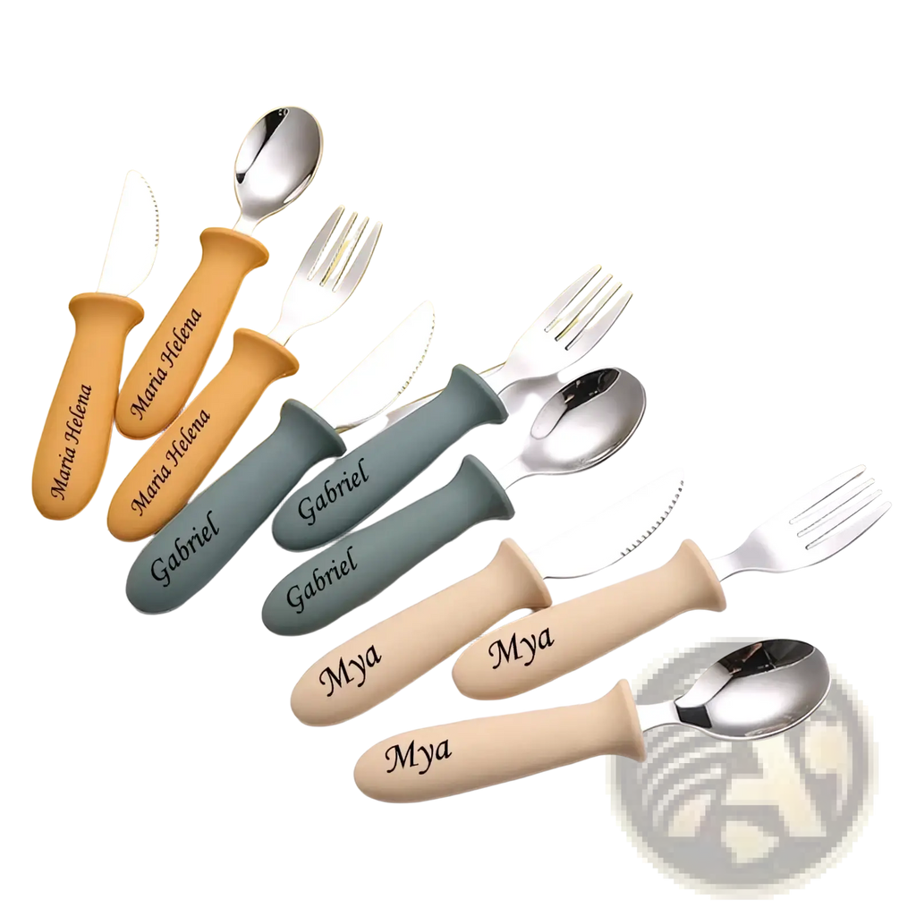 Custom childrens cutlery set with personalized silicone grip utensils in beige tan and sage green engraved with names