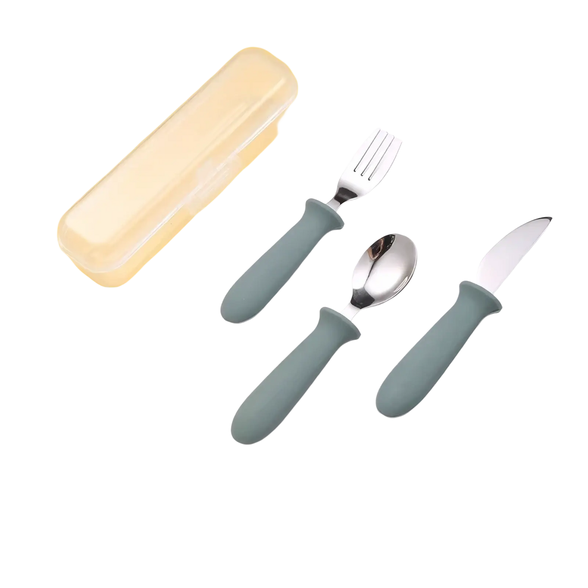 Custom childrens cutlery set with matte sage green silicone handles and stainless steel fork spoon and knife utensils