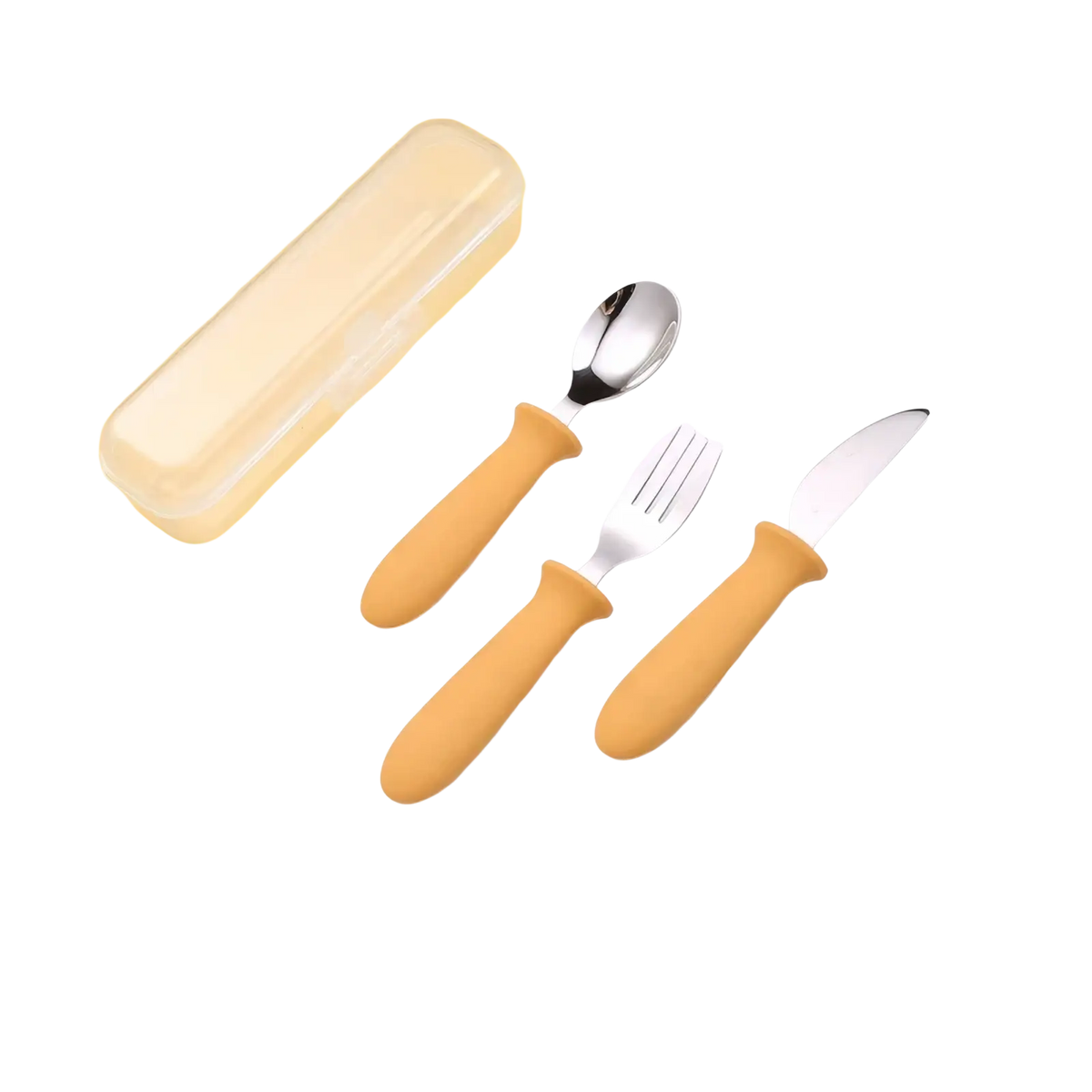 Custom childrens cutlery set with orange silicone handles and stainless steel spoon fork and knife utensils