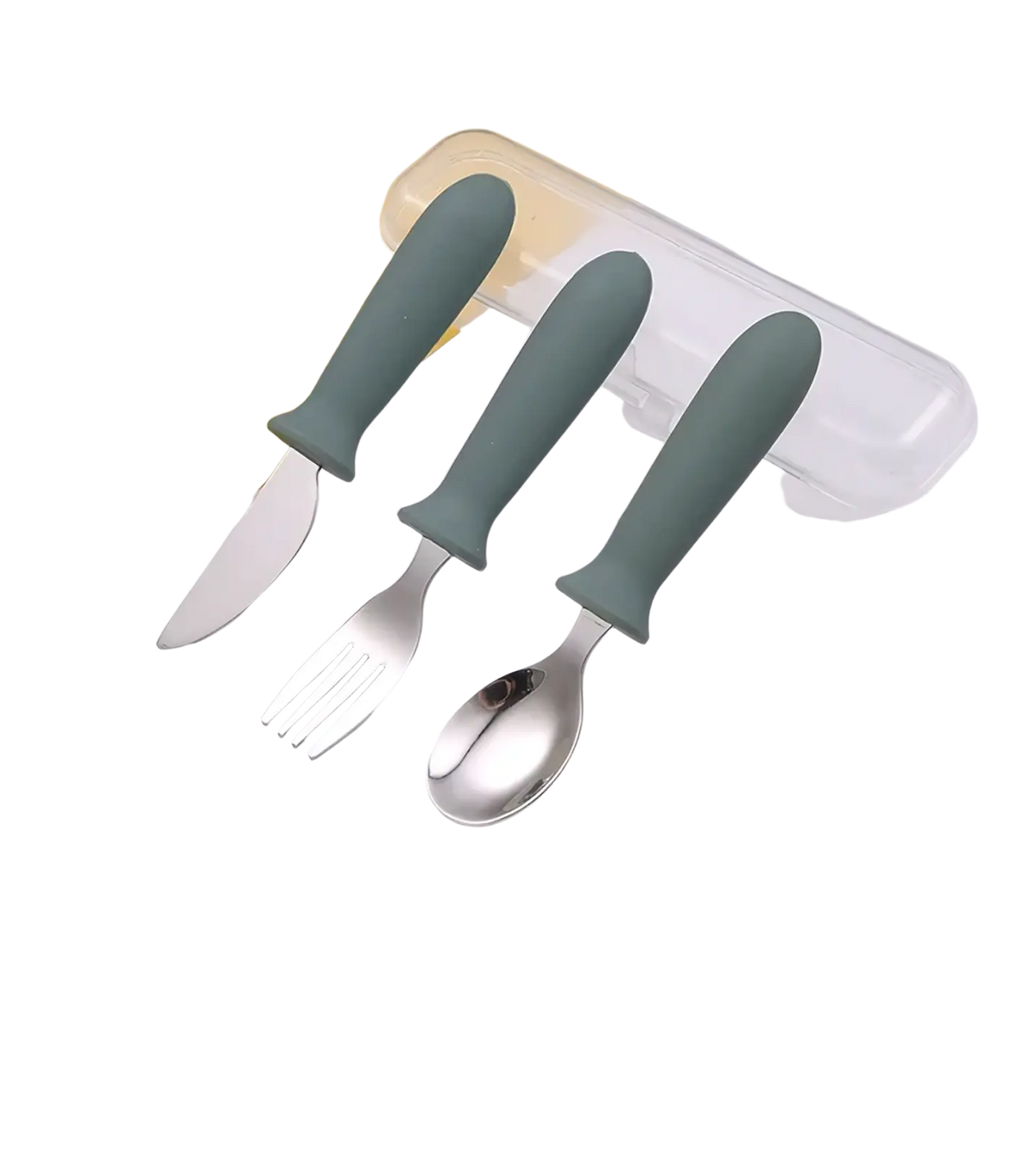 Set of three custom childrens cutlery utensils with matte sage green silicone handles and stainless steel blades