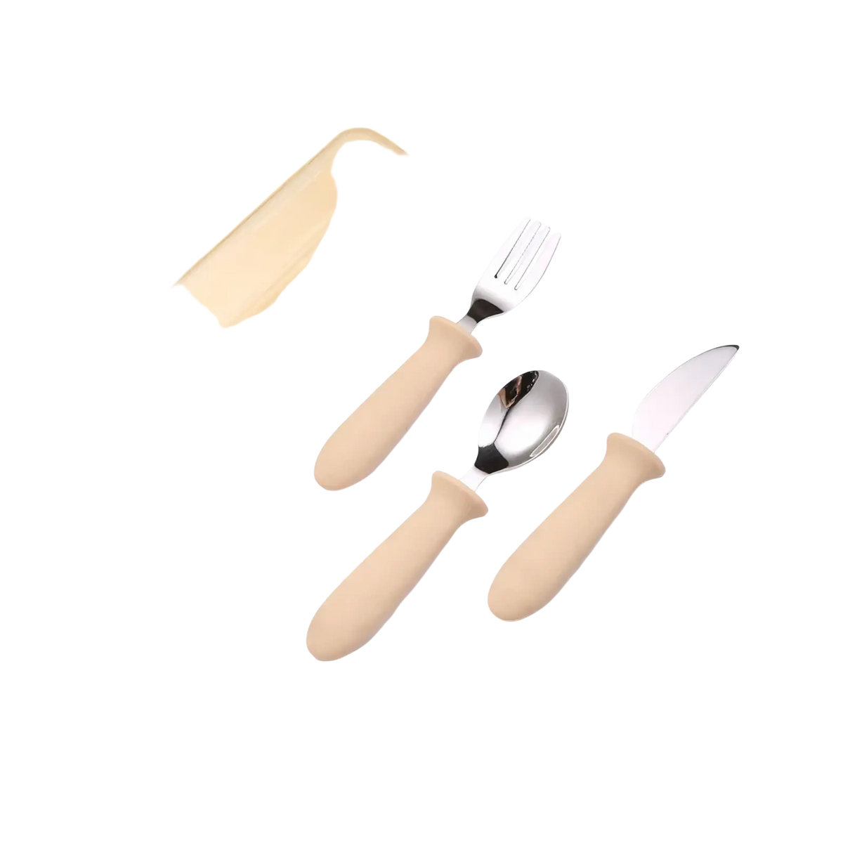 Custom childrens cutlery set featuring three beige silicone handled baby utensils with stainless steel heads and plastic case