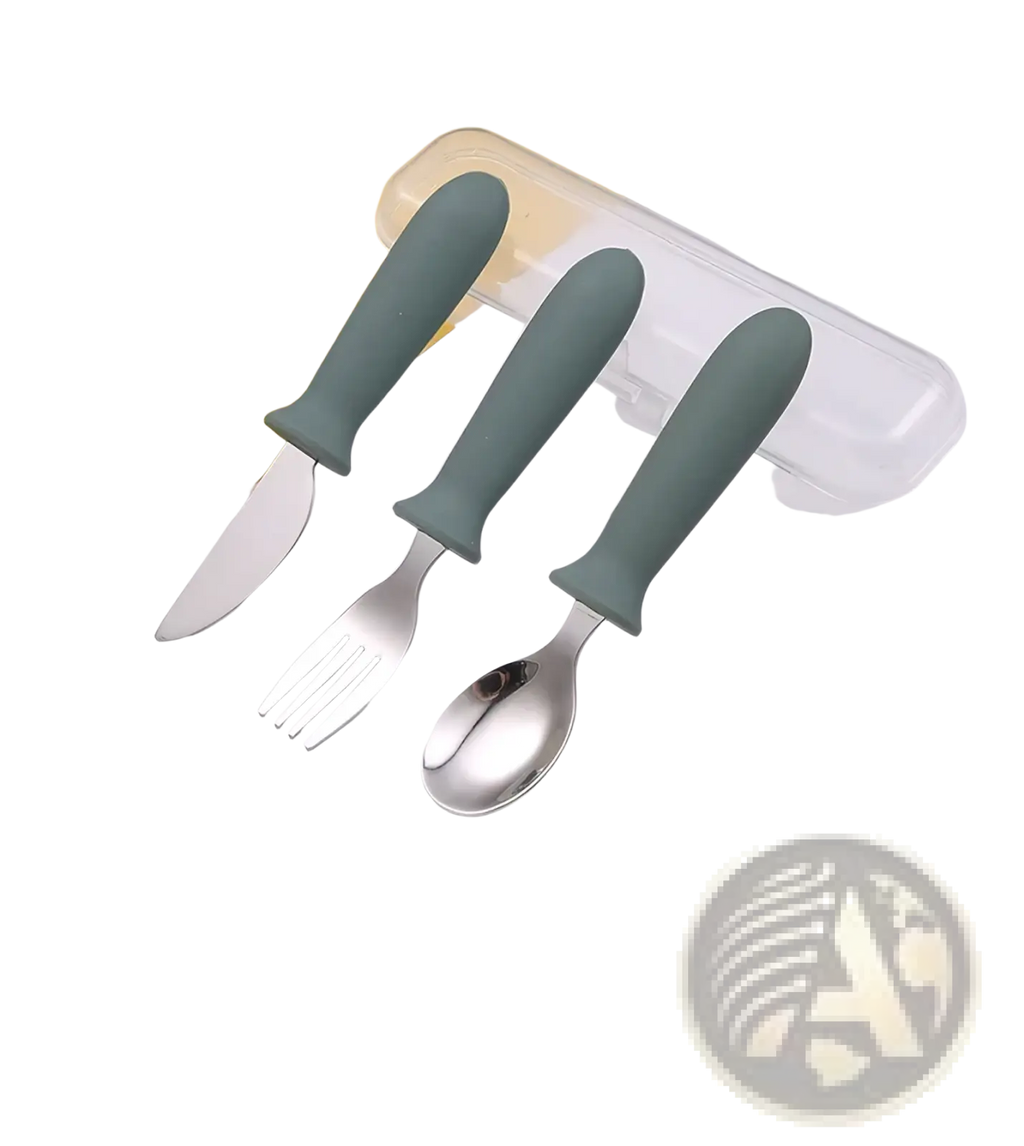 Set of three custom childrens cutlery utensils with matte sage green silicone handles and stainless steel blades