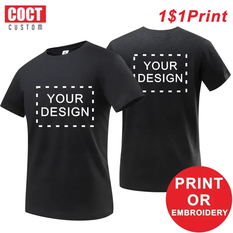 Black cotton t shirt men customized with white your design placeholder on front and back with size chart available