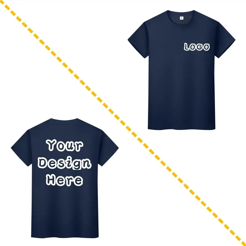Navy blue cotton t shirt men customized with white outlined text front and back for personalized design with size chart
