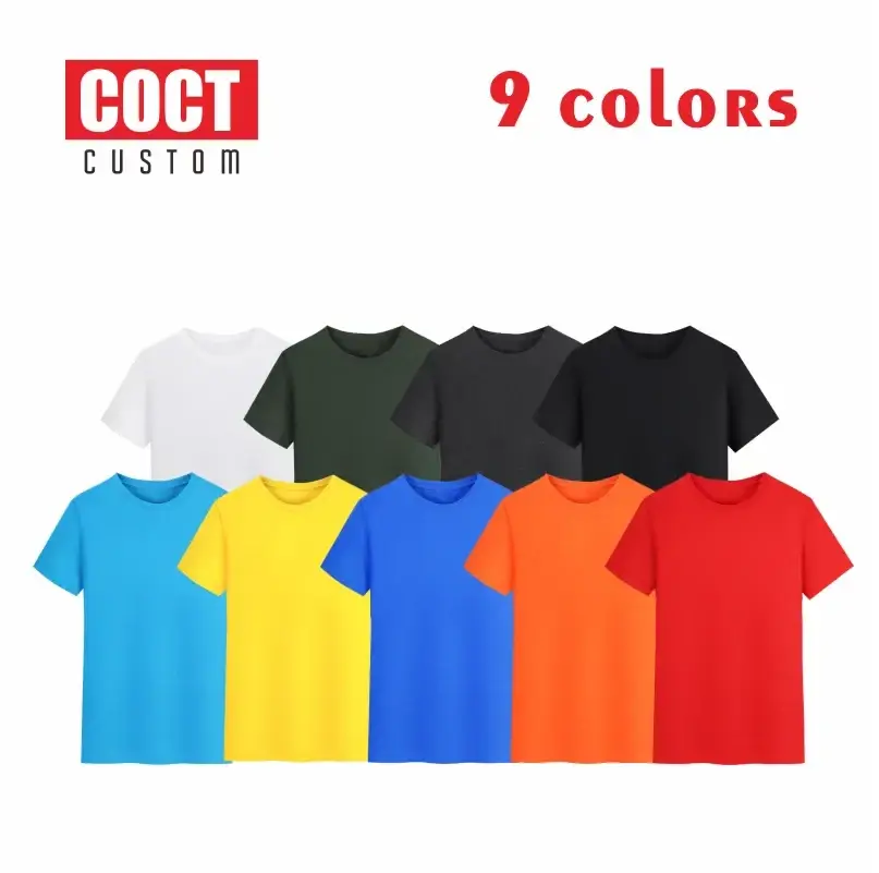 Nine vibrant solid-colored cotton t shirts men customized with short sleeves and crew neck shown with size chart options