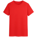 A vibrant red cotton t shirt men customized with a classic crew neck and short sleeves displayed with size chart