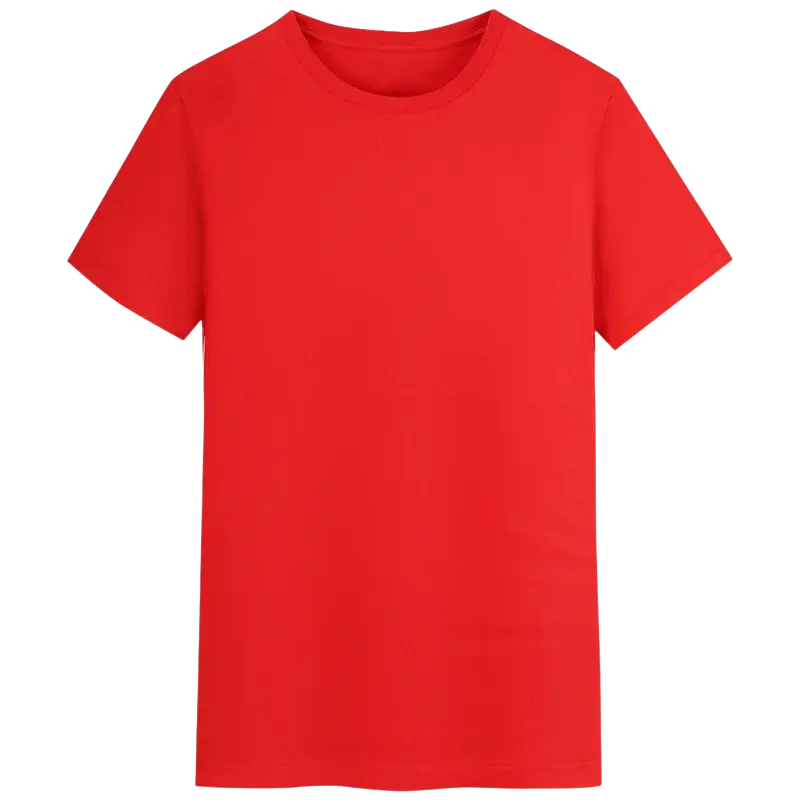 A vibrant red cotton t shirt men customized with a classic crew neck and short sleeves displayed with size chart