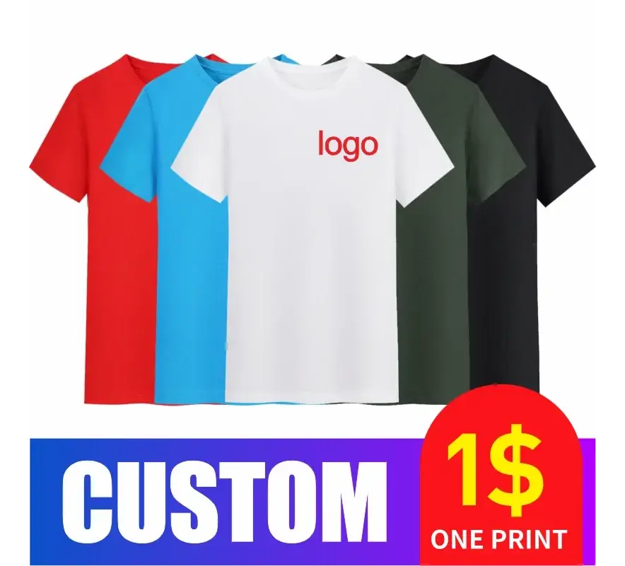 White cotton t shirt men customized with red logo print available in multiple solid colors including size chart options
