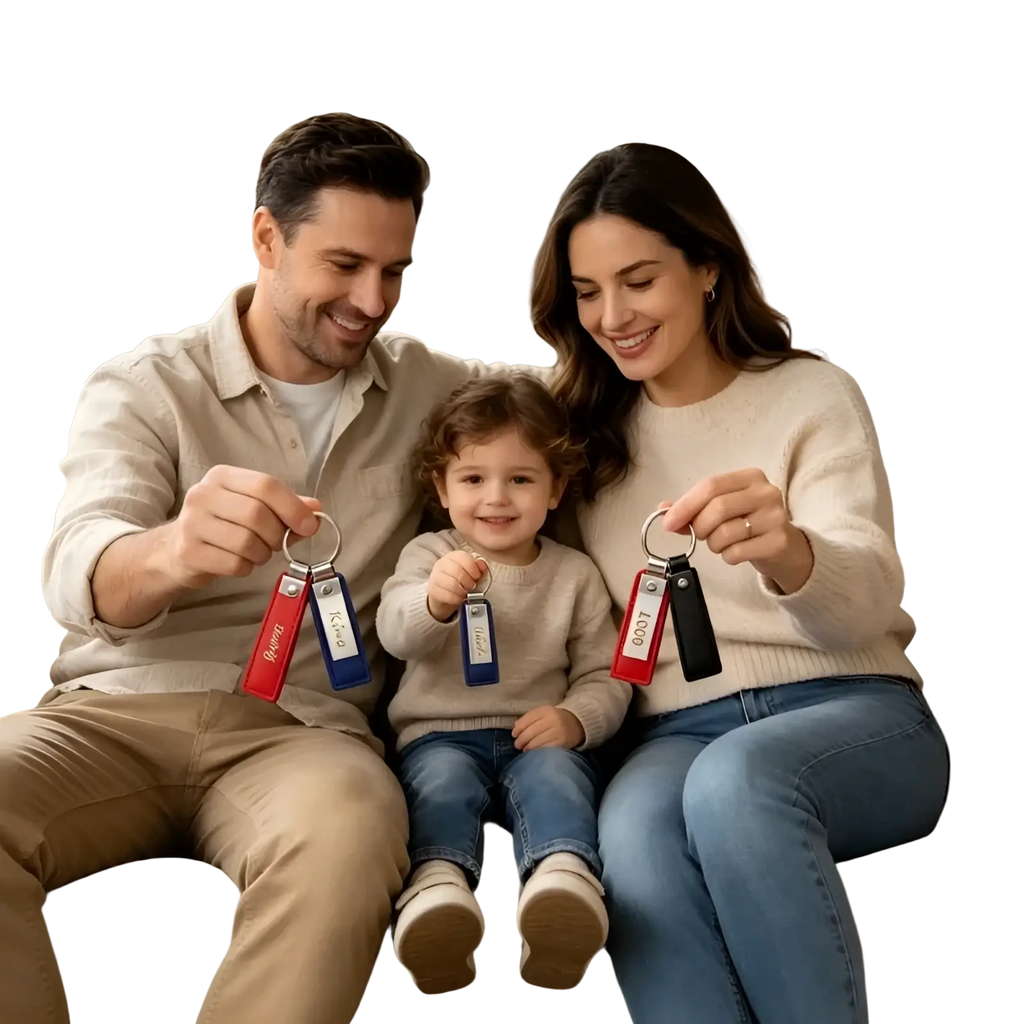 Custom couple leather keychain key fobs in red blue and black with personalized name tags matching gift
