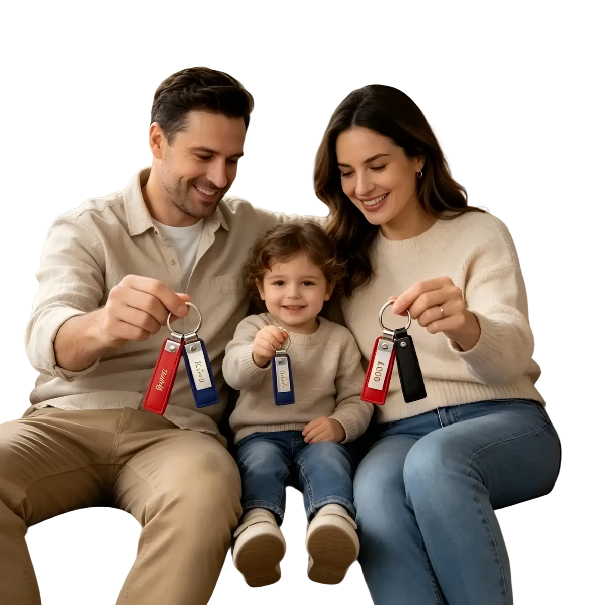 Custom couple leather keychain key fobs in red blue and black with personalized name tags matching gift