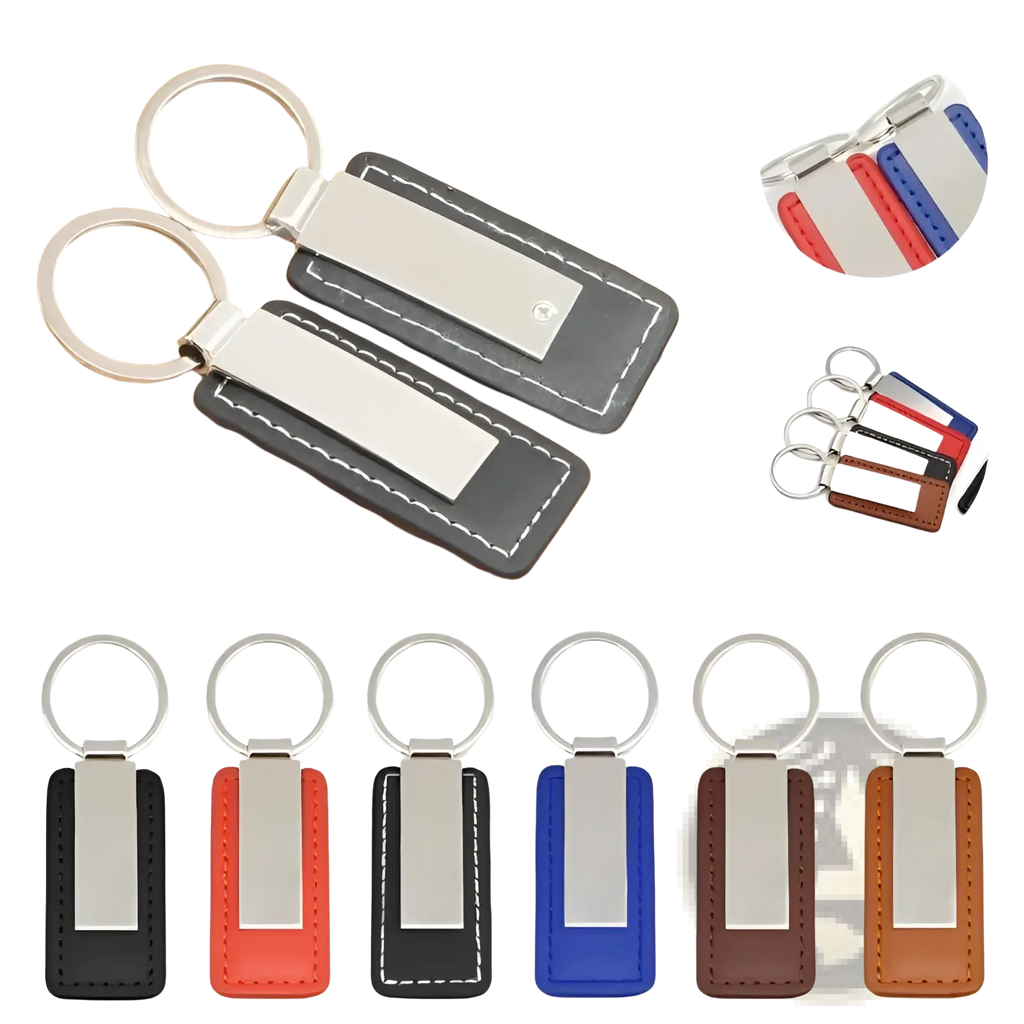 Custom couple leather keychain in black with silver metal plate and white stitching personalized matching gift