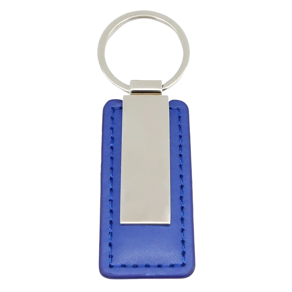 Blue leather custom couple keychain with silver rectangular plate and matching stitching personalized matching gift