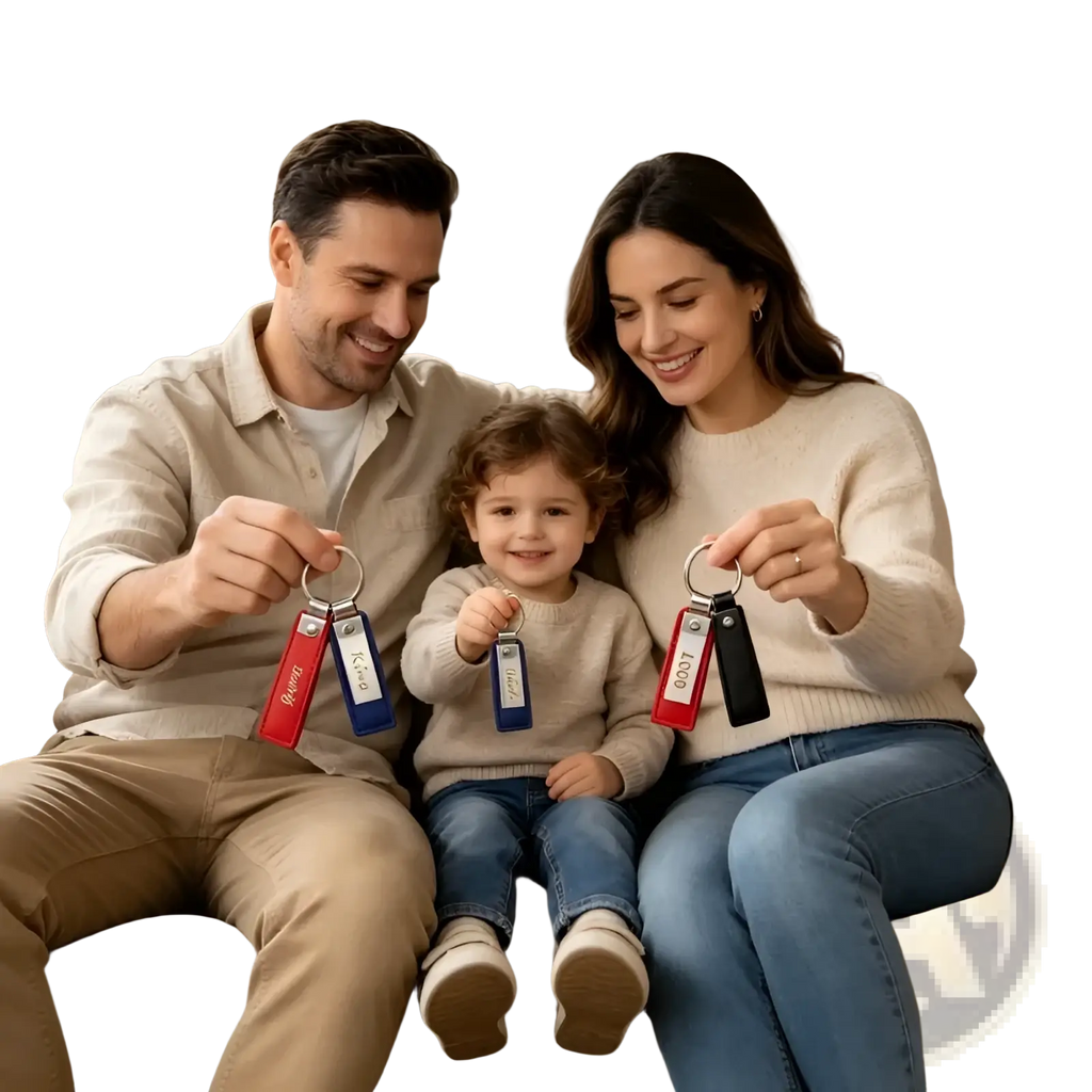 Custom couple leather keychain key fobs in red blue and black with personalized name tags matching gift