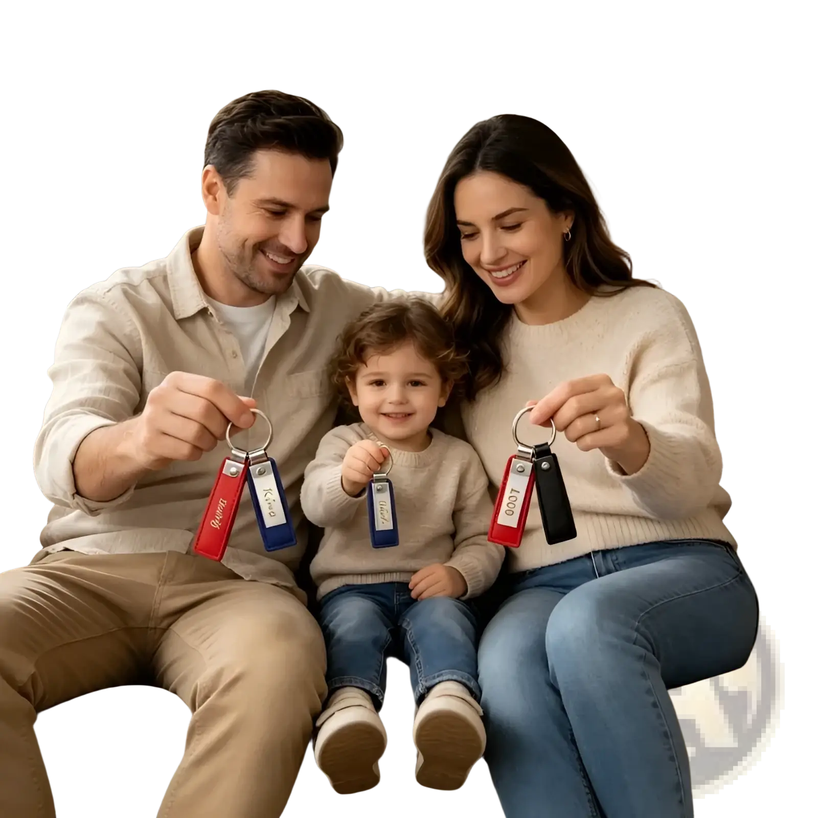 Custom couple leather keychain key fobs in red blue and black with personalized name tags matching gift